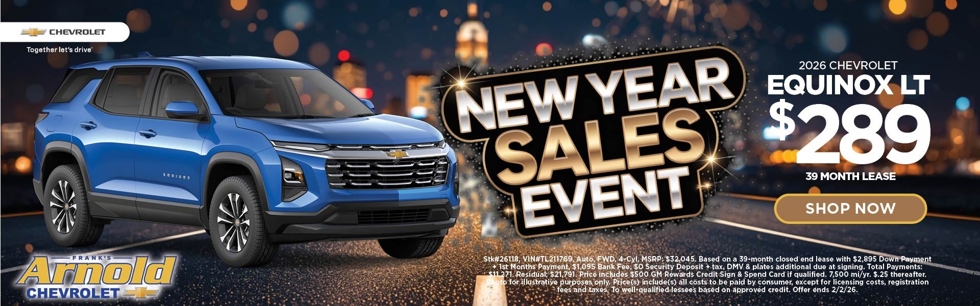 New 2026 Chevrolet Equinox LT $289/39 Month Lease 