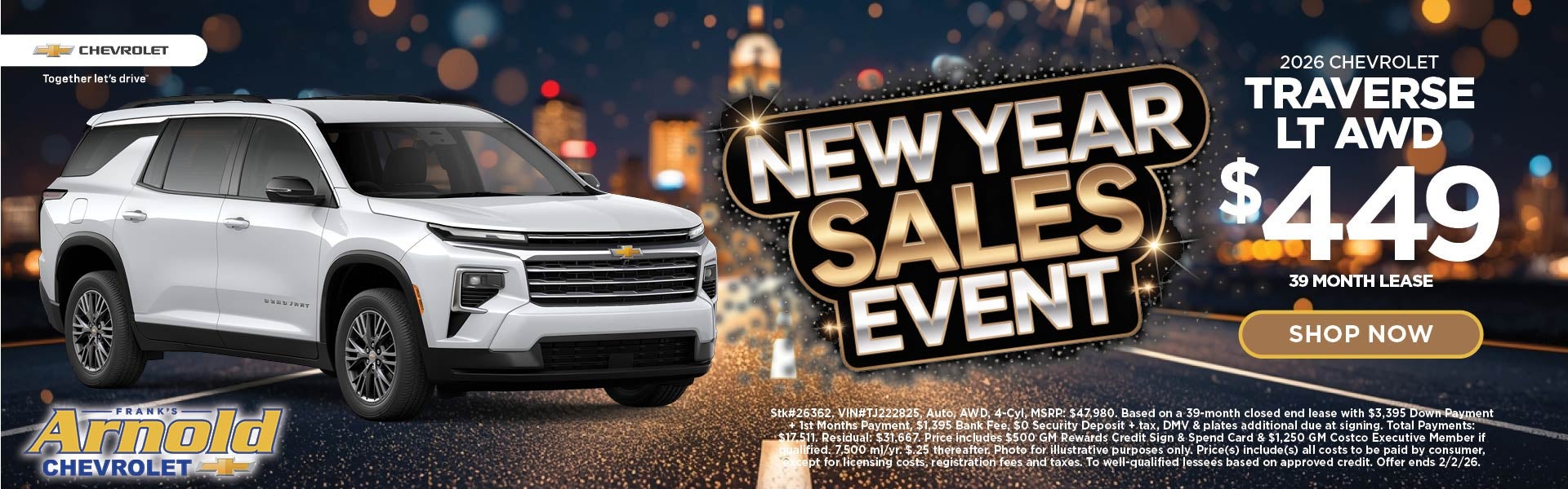 New 2026 Chevrolet Traverse LT AWD $449/39 Month Lease 