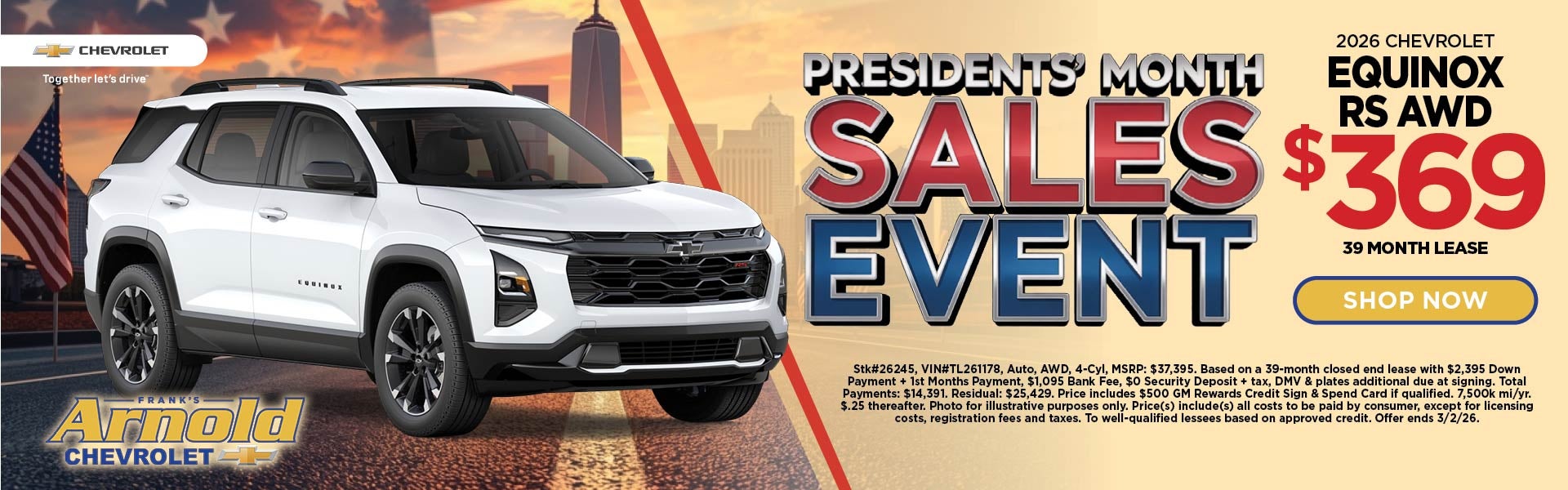 New 2026 Chevrolet Equinox RS AWD $369/39 Month Lease 