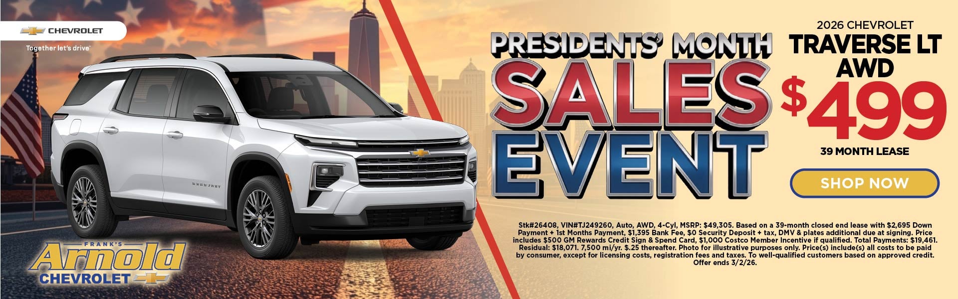 New 2026 Chevrolet Traverse LT AWD $499/39 Month Lease