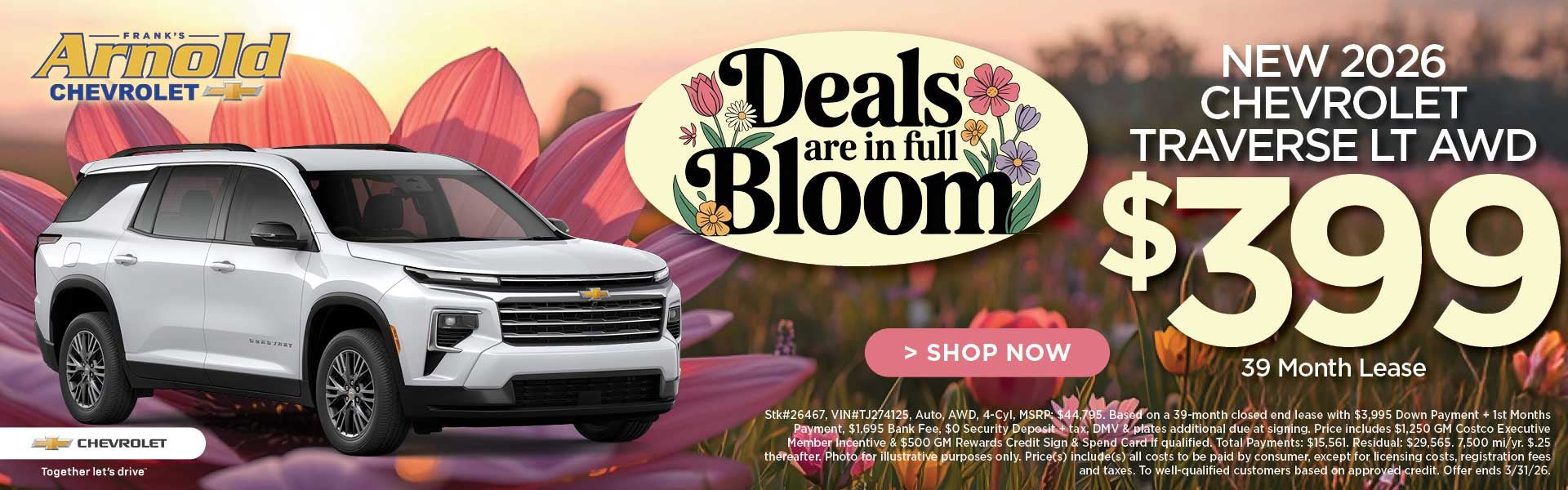 New 2026 Chevrolet Traverse LT AWD $399/39 Month Lease