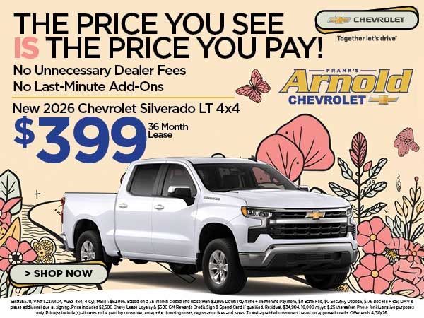 New 2026 Chevrolet Silverado LT 4x4 $399/36 Month Lease