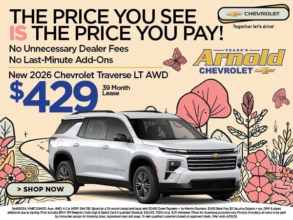 New 2026 Chevrolet Traverse LT AWD $429/39 Month Lease