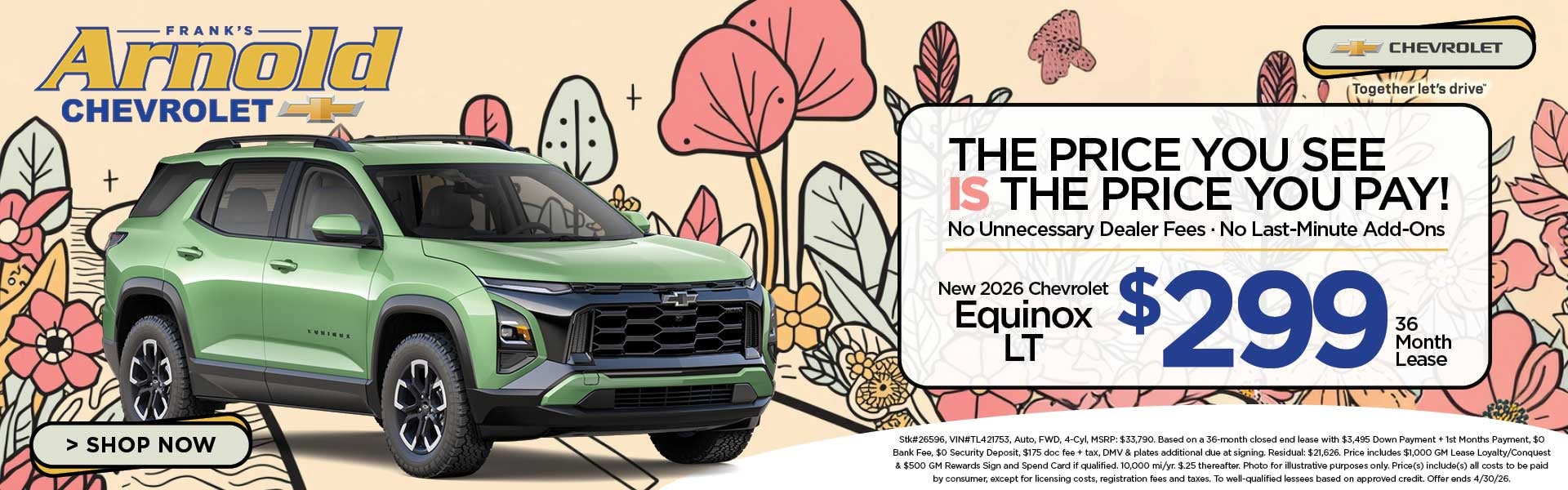 New 2026 Chevrolet Equinox LT $299/36 Month Lease 