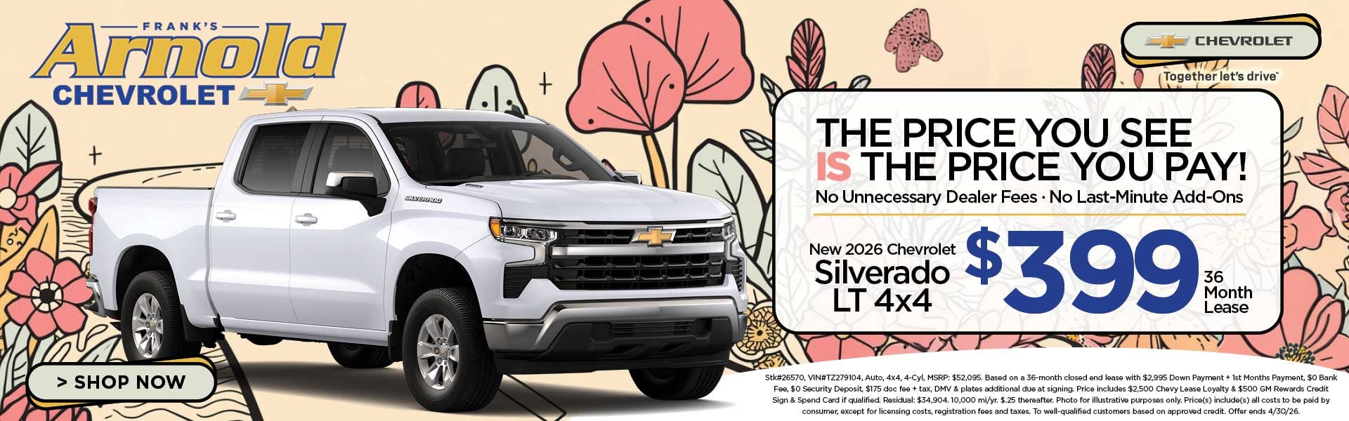 New 2026 Chevrolet Silverado LT 4x4 $399/36 Month Lease