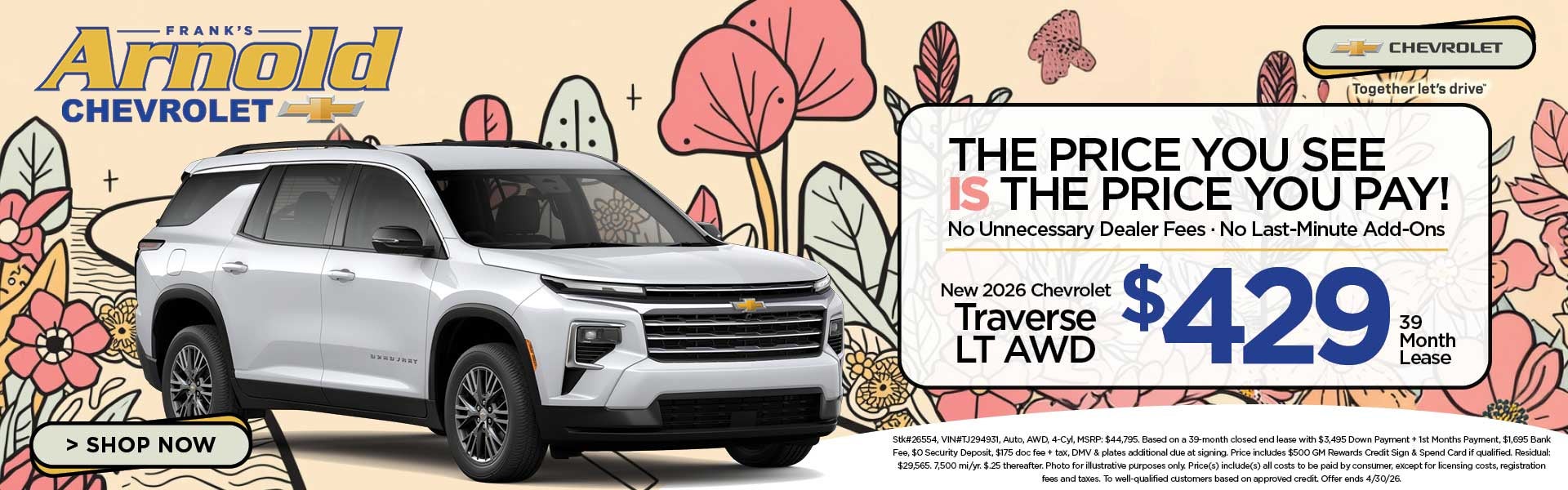 New 2026 Chevrolet Traverse LT AWD $429/39 Month Lease