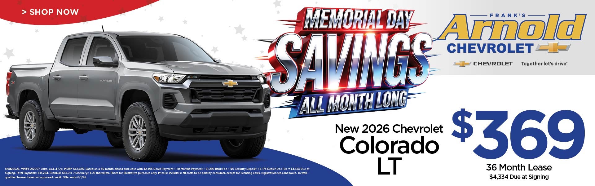 New 2026 Chevrolet Colorado LT $369/36 Month Lease 