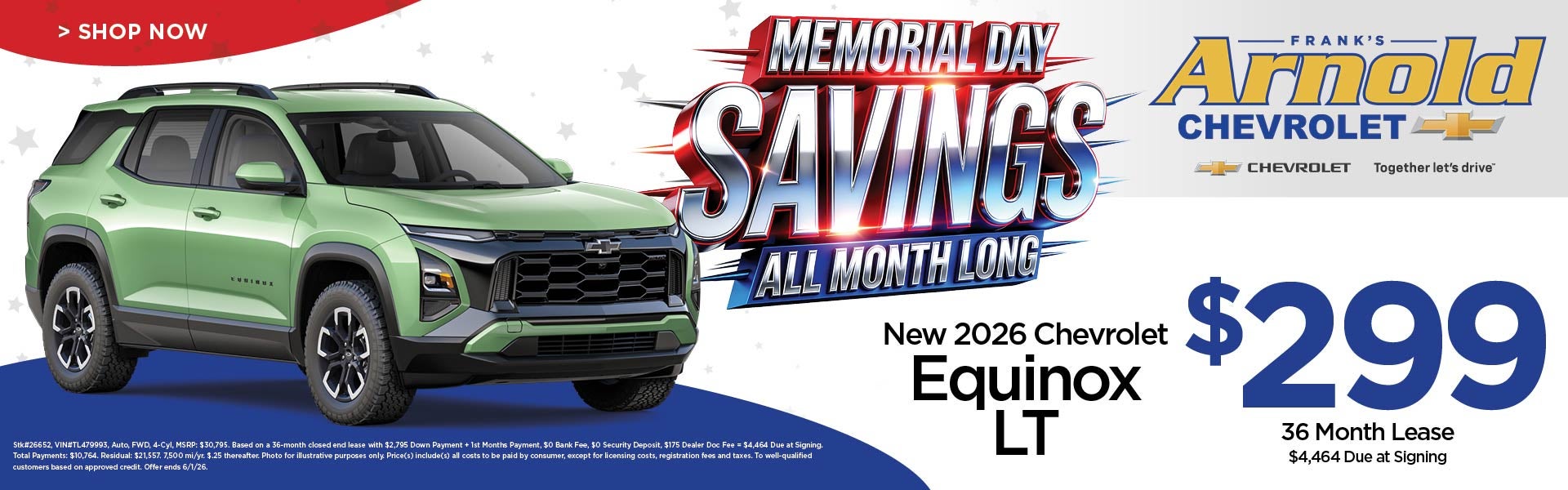 New 2026 Chevrolet Equinox LT $299/36 Month Lease 