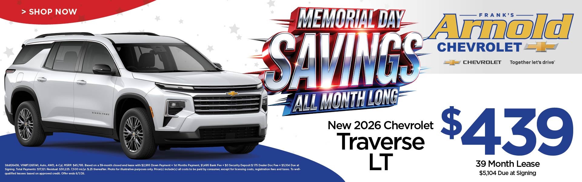 New 2026 Chevrolet Traverse LT $439/39 Month Lease 