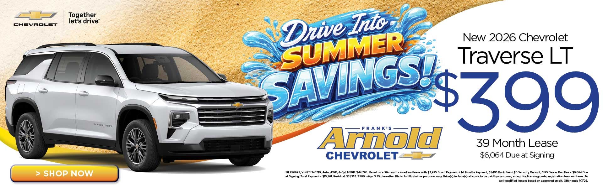 New 2026 Chevrolet Traverse LT $399/39 Month Lease 
