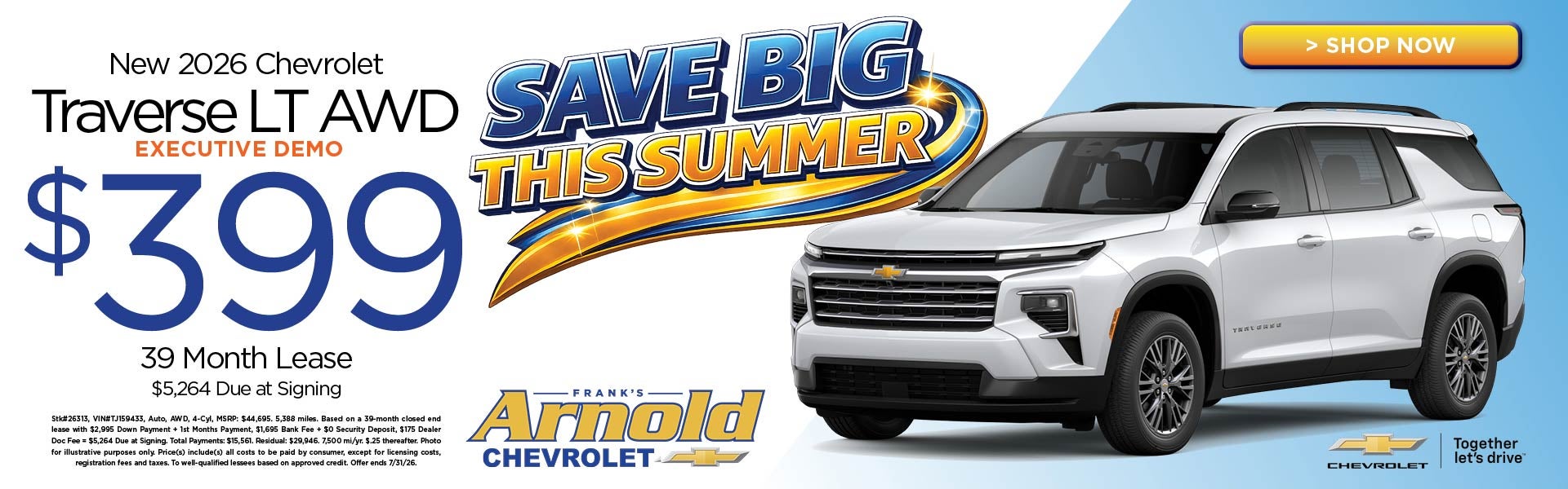 New 2026 Chevrolet Traverse LT AWD Executive Demo $399/39 Mo