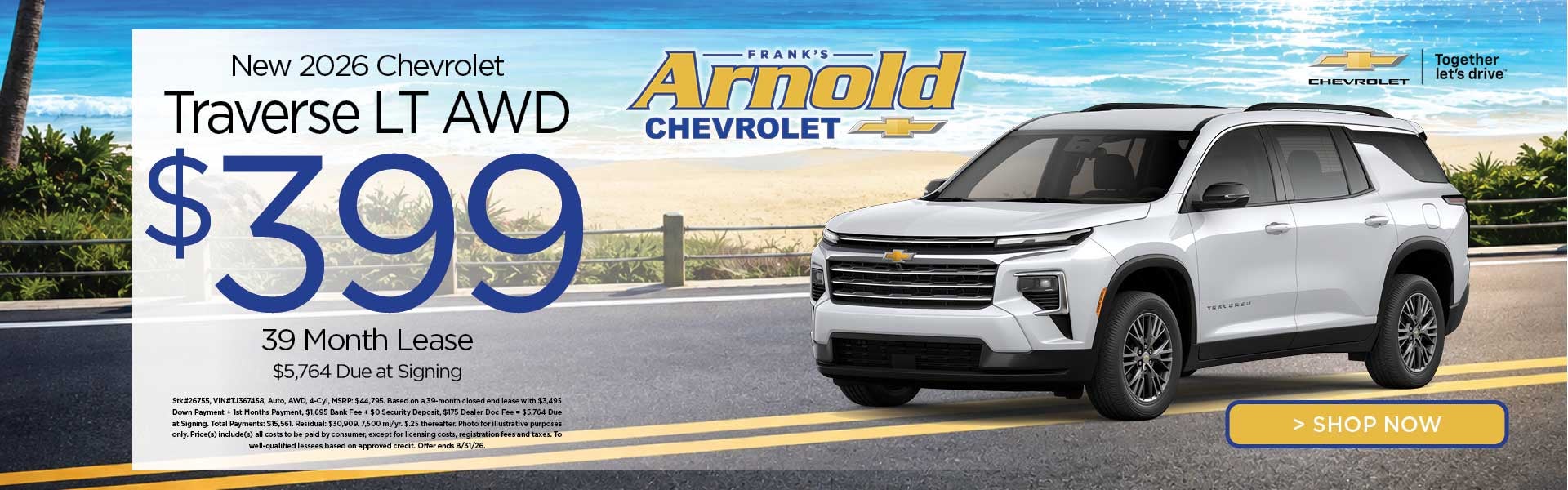 New 2026 Chevrolet Traverse LT AWD $399/39 Month Lease 