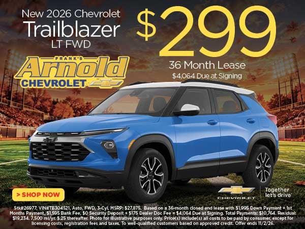 New 2026 Chevrolet Trailblazer LT FWD $299/36 Month Lease