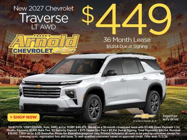 New 2027 Chevrolet Traverse LT AWD $449/36 Month Lease